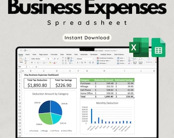 Business Expense Tracker Spreadsheet (2025) - Expenses, Mileage Log, Cell Phone, Home Office Tax Deductions - Microsoft Excel/Google Sheets