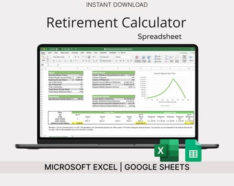 Retirement Calculator for Microsoft Excel & Google Sheets (Green) - Financial Planner/Compound Interest Calculator