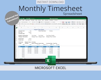 Monthly Timesheet Template for Microsoft Excel (Blue) - Track Hours Worked + Dynamic Pay Calculation