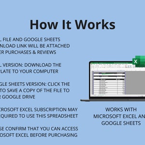 Peut inclure: Un &eacute;cran bleu avec du texte blanc expliquant comment utiliser un mod&egrave;le de feuille de calcul. Le texte dit "Comment &ccedil;a marche" et liste les &eacute;tapes pour t&eacute;l&eacute;charger les versions Excel et Google Sheets du mod&egrave;le. Le texte dit &eacute;galement "Fonctionne avec Microsoft Excel et Google Sheets". L'&eacute;cran d'un ordinateur portable affiche une feuille de calcul avec le texte "Google Sheets" dans la barre de titre. L'ordinateur portable est sur un fond blanc.