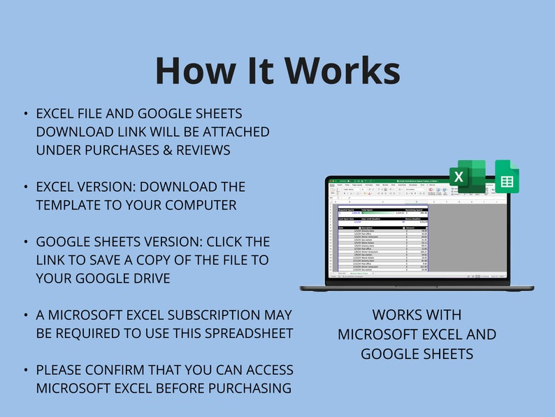 Peut inclure: Un &eacute;cran bleu avec du texte blanc expliquant comment utiliser un mod&egrave;le de feuille de calcul. Le texte dit "Comment &ccedil;a marche" et liste les &eacute;tapes pour t&eacute;l&eacute;charger les versions Excel et Google Sheets du mod&egrave;le. Le texte dit &eacute;galement "Fonctionne avec Microsoft Excel et Google Sheets". L'&eacute;cran d'un ordinateur portable affiche une feuille de calcul avec le texte "Google Sheets" dans la barre de titre. L'ordinateur portable est sur un fond blanc.