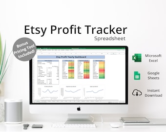 May include: A computer monitor displays an Etsy Profit Tracker spreadsheet. The screen shows a yearly dashboard with financial data, charts, and graphs. The image includes icons for Microsoft Excel, Google Sheets, and instant download.