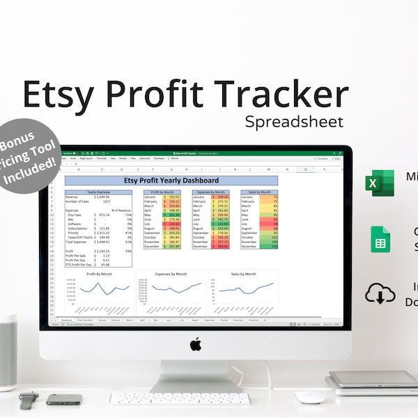 Etsy Profit Tracker Spreadsheet - Microsoft Excel & Google Sheets - Print on Demand POD Finance Tracker, Pricing Calculator, Small Business