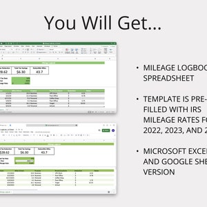 K&ouml;nnte beinhalten: Ein Screenshot eines Computerbildschirms, der eine Tabellenkalkulation mit dem Titel "Mileage Logbook and Green" zeigt. Die Tabellenkalkulation dient zur Verfolgung der Kilometerleistung f&uuml;r gesch&auml;ftliche und private Zwecke. Sie enth&auml;lt Spalten f&uuml;r Datum, gefahrene Kilometer, Zweck, Ort, Abz&uuml;ge und Notizen. Die Tabellenkalkulation enth&auml;lt auch einen Abschnitt zur Berechnung der gesamten Steuerabz&uuml;ge, der gesamten Steuereinsparungen und der abzugsf&auml;higen Kilometer. Die Tabellenkalkulation ist mit den IRS-Kilometers&auml;tzen f&uuml;r 2022, 2023 und 2024 vorab gef&uuml;llt. Die Tabellenkalkulation ist in den Versionen Microsoft Excel und Google Sheets verf&uuml;gbar.