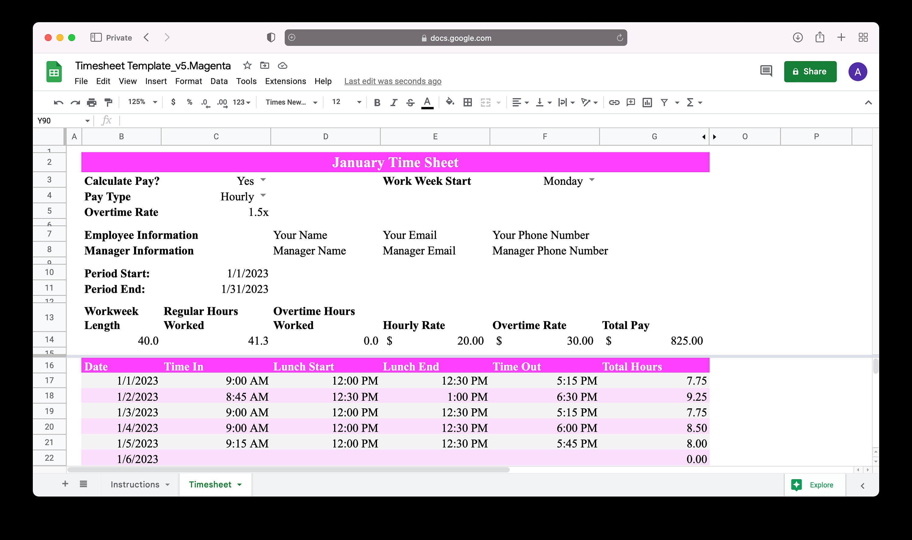 Monthly Timesheet Template for Microsoft Excel & Google Sheets (magenta ...