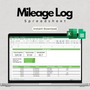 Könnte beinhalten: Ein Laptop zeigt eine Kilometerprotokoll-Tabelle mit dem Titel "Mileage Log Spreadsheet" und dem Text "Instant Download". Die Tabelle zeigt Steuerabzüge, Ersparnisse und abzugsfähige Meilen. Ein grünes Excel-Symbol ist ebenfalls zu sehen.