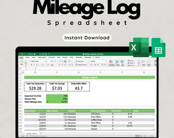 Mileage Log Template (Grün) für Microsoft Excel & Google Sheets - Small Business Mileage Log - Steuerabzüge nachverfolgen - Sofortdownload