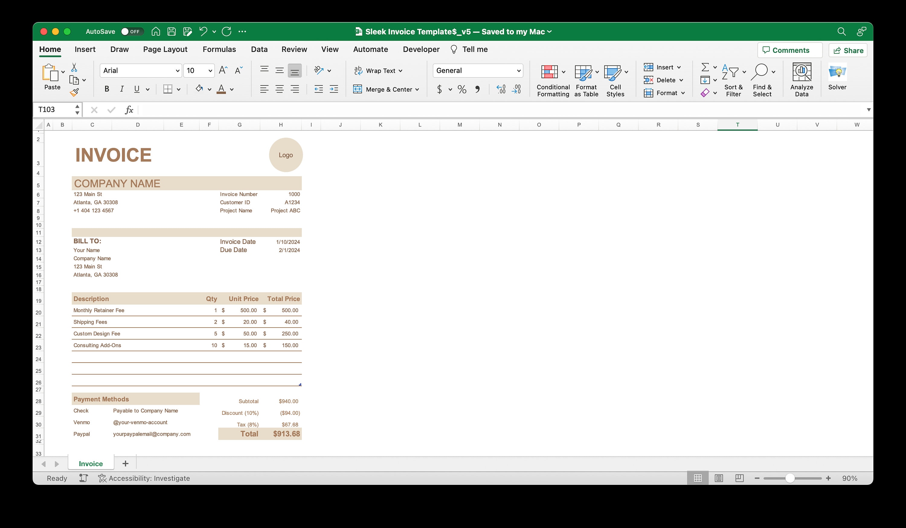 Business Invoice Template for Microsoft Excel & Google Sheets tan Easy ...