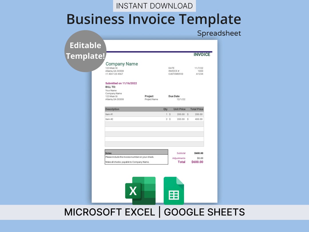 Business Invoice Template for Microsoft Excel & Google Sheets - Easy to ...