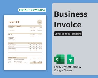 May include: A business invoice template spreadsheet for Microsoft Excel and Google Sheets. The template includes sections for company name, billing information, invoice date, due date, description, quantity, unit price, total price, payment methods, subtotal, discount, tax, and total.