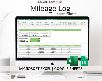 Mileage Log Template (Grün) für Microsoft Excel & Google Sheets - Small Business Mileage Log - Steuerabzüge nachverfolgen - Sofortdownload