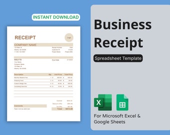 Plantilla de recibo comercial para Microsoft Excel y Google Sheets (bronceado): plantilla de hoja de cálculo fácil de usar para pequeñas empresas