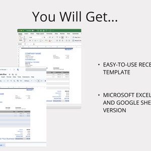 May include: A screenshot of a computer screen displaying a receipt template in Microsoft Excel. The template is easy to use and compatible with both Microsoft Excel and Google Sheets. The text on the screen reads "Receipt Template Blue" and "Thank You For Your Business".