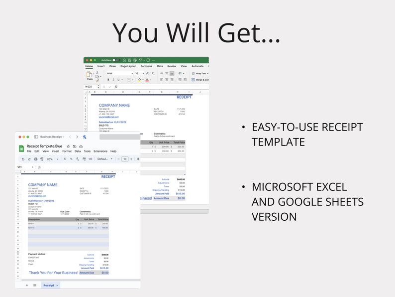 May include: A screenshot of a computer screen displaying a receipt template in Microsoft Excel. The template is easy to use and compatible with both Microsoft Excel and Google Sheets. The text on the screen reads "Receipt Template Blue" and "Thank You For Your Business".