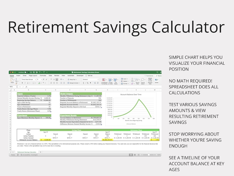 Retirement Calculator for Microsoft Excel & Google Sheets (green