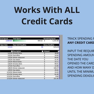 Peut inclure: Une feuille de calcul montrant un suivi budg&eacute;taire pour une carte de cr&eacute;dit. La feuille de calcul montre les d&eacute;penses requises, les d&eacute;penses totales, les d&eacute;penses restantes, la date limite de bonus, la date, la description et le montant. La feuille de calcul montre un total de d&eacute;penses de 844,52&nbsp;&euro; et un solde restant de 1&nbsp;155,48&nbsp;&euro;. La date limite de bonus est le 31/03/24. La feuille de calcul montre un total de 13 transactions, la derni&egrave;re &eacute;tant un restaurant le 13/01/24 pour 221,40&nbsp;&euro;.