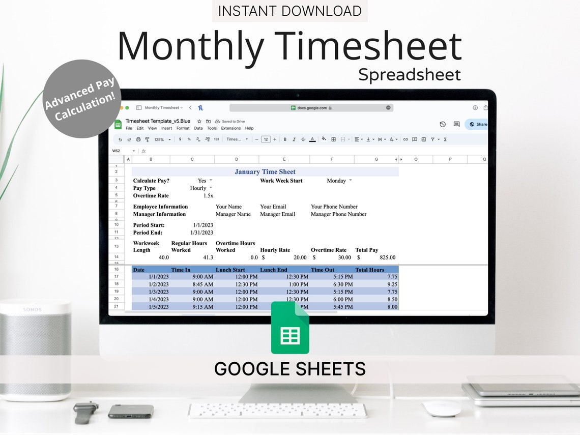 Monthly Timesheet Template for Google Sheets blue Track Hours Worked ...