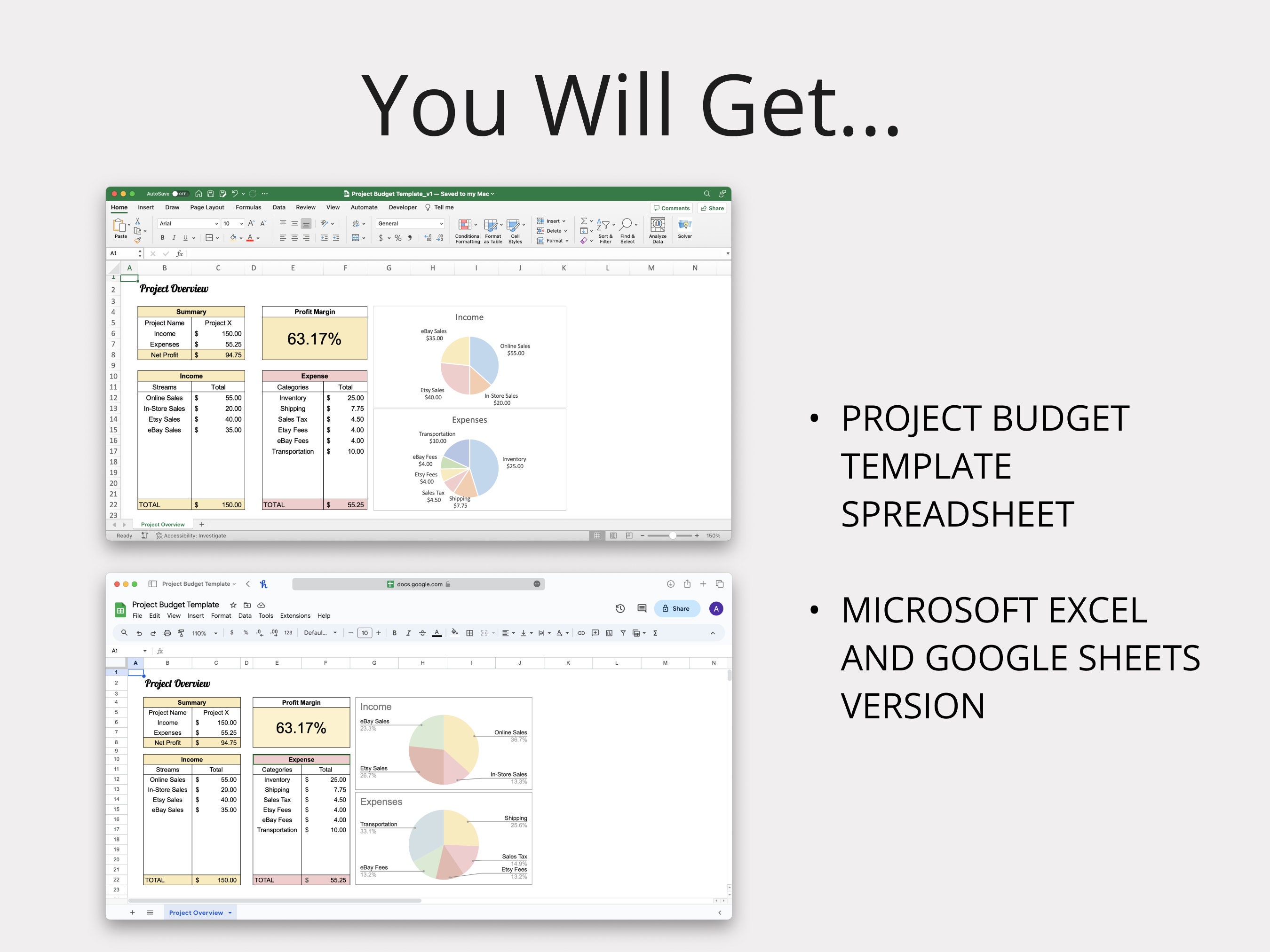 Project Budget Spreadsheet | Track Income & Expenses | Excel and Google ...