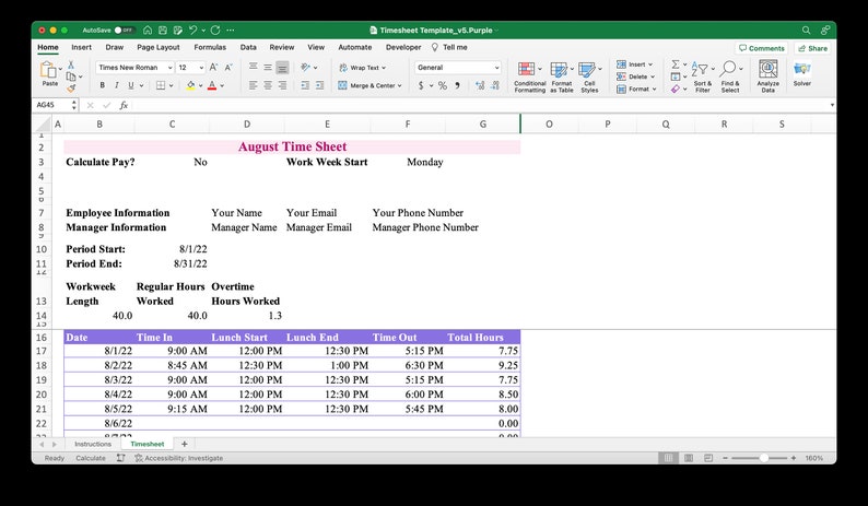 Monthly Timesheet Template for Microsoft Excel & Google Sheets (pink ...