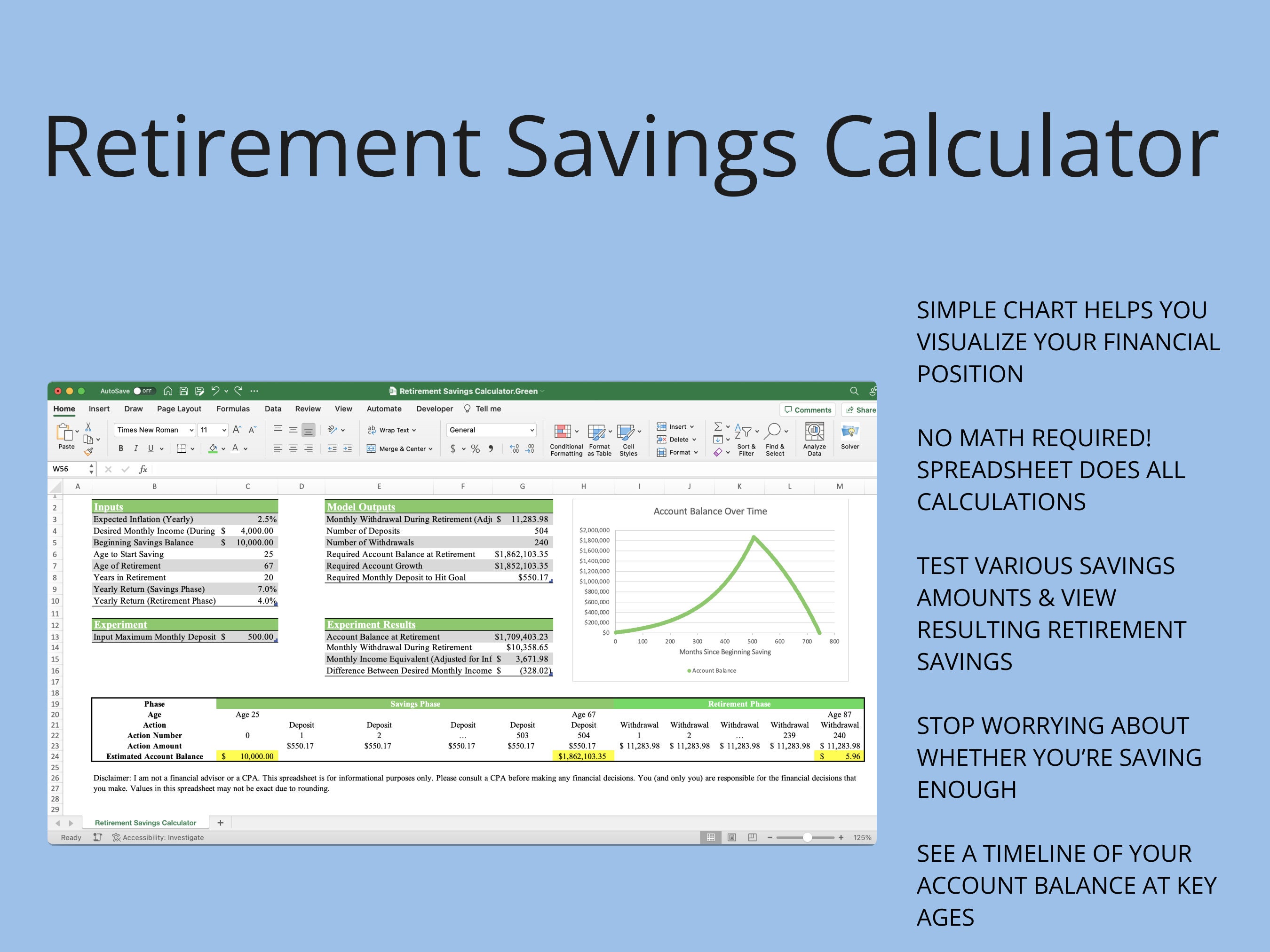 Retirement Calculator for Microsoft Excel & Google Sheets (green ...