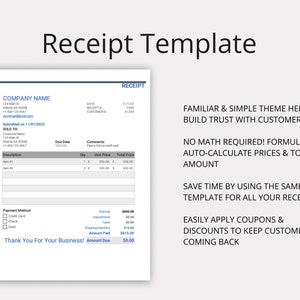 May include: A receipt template with a grey and white colour scheme. The template includes fields for company name, date, receipt number, customer ID, description, quantity, unit price, total price, payment method, subtotal, adjustments, taxes, shipping handling, amount paid, and amount due. The template also includes a section for comments and a thank you message. The text "FAMILIAR & SIMPLE THEME HELPS BUILD TRUST WITH CUSTOMERS", "NO MATH REQUIRED! FORMULAS AUTO-CALCULATE PRICES & TOTAL AMOUNT", "SAVE TIME BY USING THE SAME TEMPLATE FOR ALL YOUR RECEIPTS", and "EASILY APPLY COUPONS & DISCOUNTS TO KEEP CUSTOMERS COMING BACK" is displayed on the right side of the template.