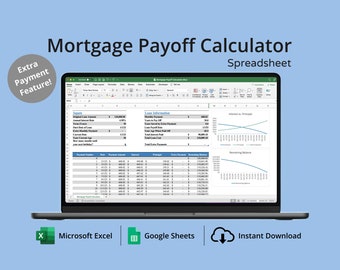 Mortgage Payoff Calculator Spreadsheet (Blue) - Mortgage Tracker for Microsoft Excel & Google Sheets