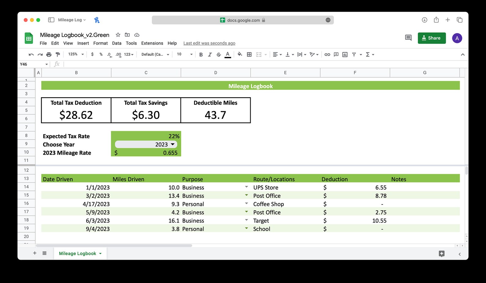 Mileage Log Template (green) for Microsoft Excel & Google Sheets ...