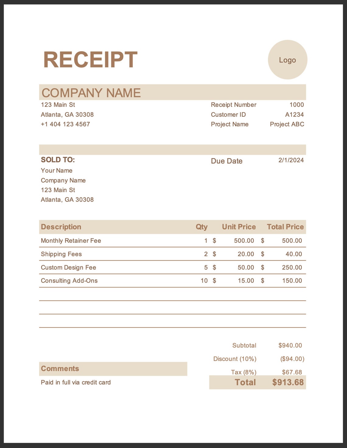 Invoice & Receipt Templates for Microsoft Excel/google Sheets Business ...