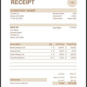 Invoice & Receipt Templates for Microsoft Excel/google Sheets Business ...