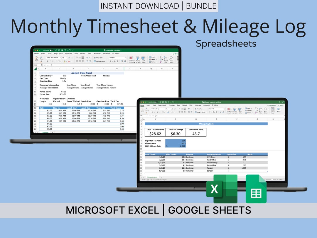 Timesheet & Mileage Log Spreadsheet Templates (blue) for Microsoft ...