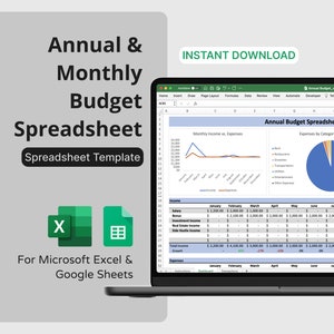 Annual & Monthly Budget Spreadsheet for Microsoft Excel / Google Sheets - Track Income and Expenses Monthly/Annually, Personal Finance