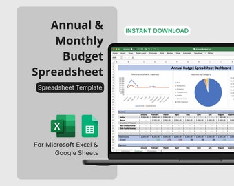 Annual & Monthly Budget Spreadsheet for Microsoft Excel / Google Sheets - Track Income and Expenses Monthly/Annually, Personal Finance