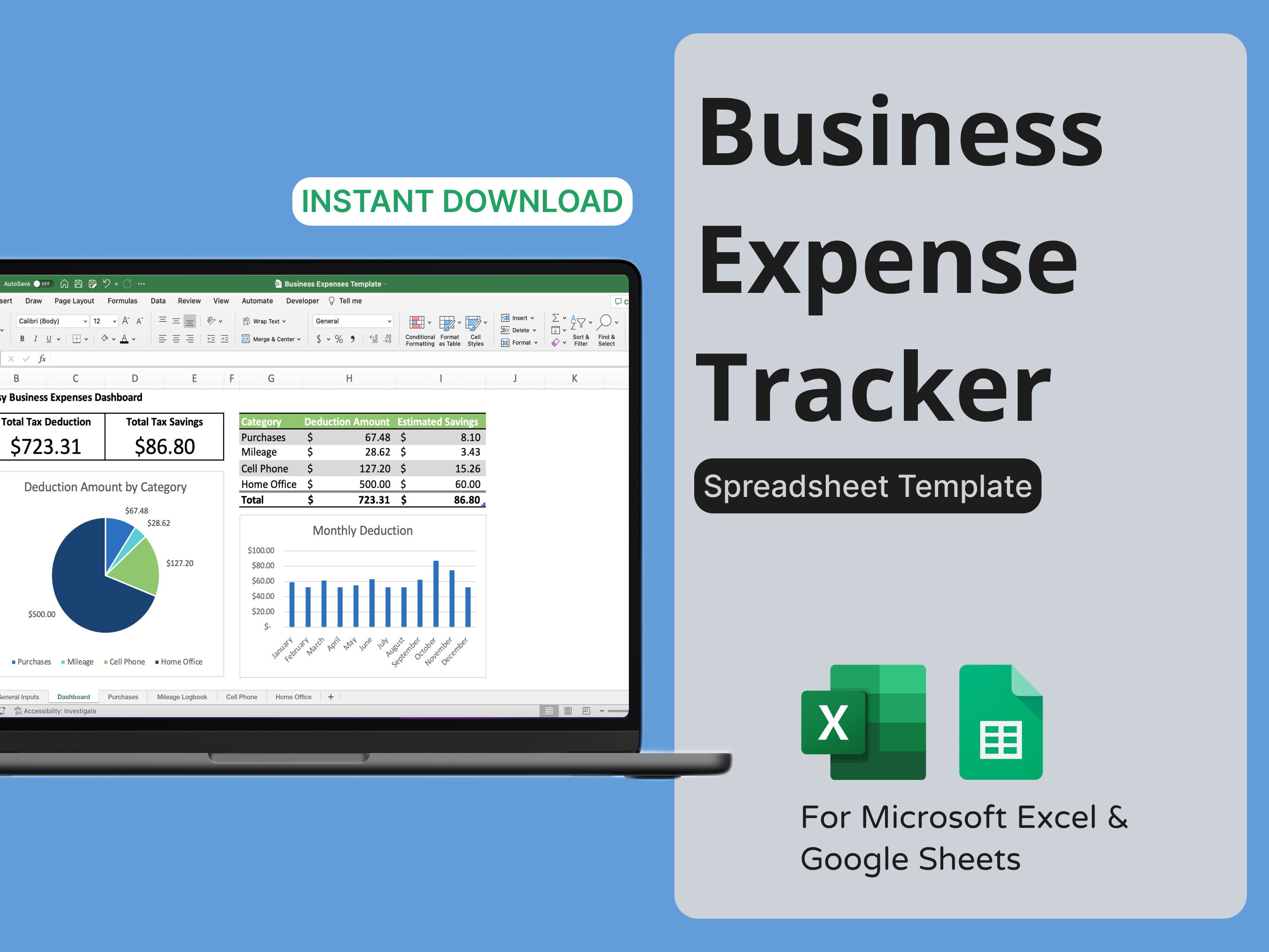 Business Expense Tracker Spreadsheet (2025) - Expenses, Mileage Log, Cell Phone, Home Office Tax Deductions - Microsoft Excel/Google Sheets