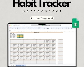 May include: A laptop displays a habit tracker spreadsheet. The screen shows a grid with daily and weekly sections for tracking habits. The text "Habit Tracker Spreadsheet" and "Instant Download" are at the top.