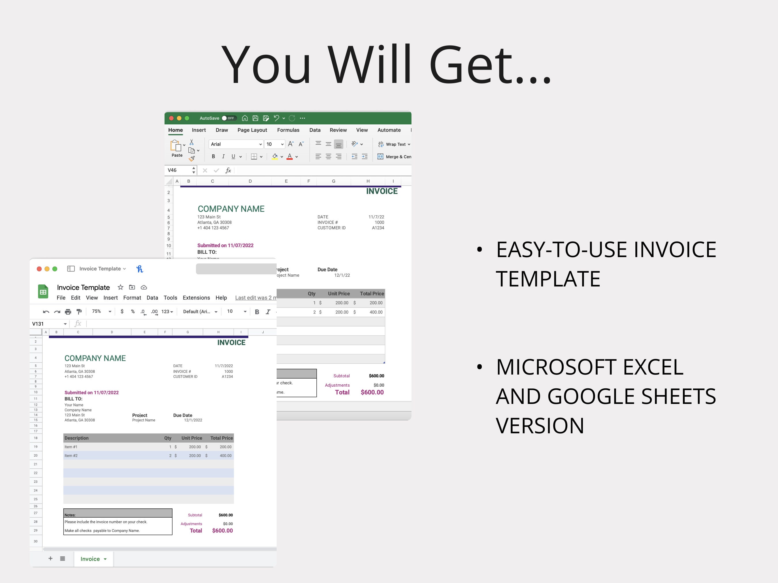 Business Invoice Template for Microsoft Excel & Google Sheets - Easy to ...
