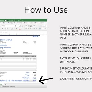 May include: A screenshot of a spreadsheet program displaying a receipt template. The template includes fields for company name, address, date, receipt number, customer name, address, due date, payment method, comments, items, quantities, unit prices, and total price. The spreadsheet automatically calculates the total price.