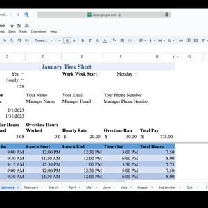 Monthly Timesheet Template for Microsoft Excel & Google Sheets blue 12 ...