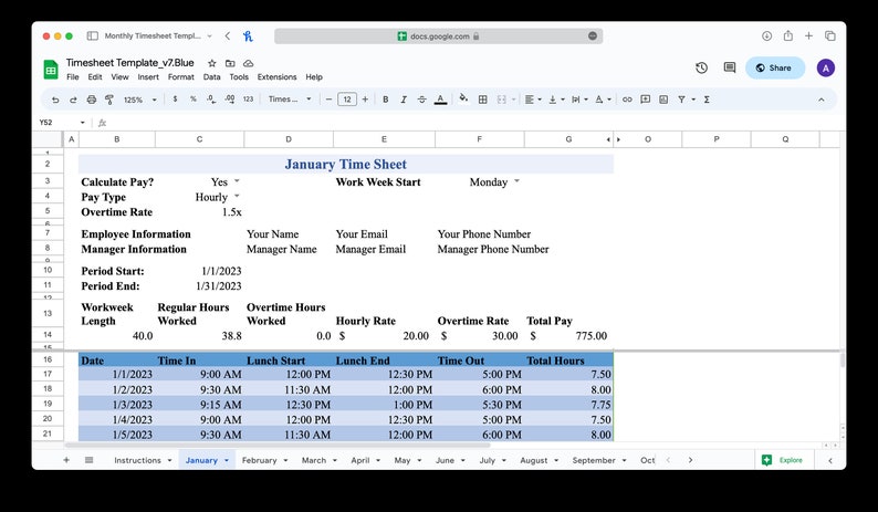 Monthly Timesheet Template for Microsoft Excel & Google Sheets - Etsy