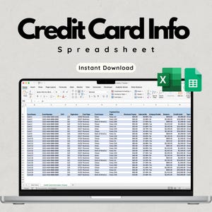Credit Card Information Spreadsheet - Microsoft Excel & Google Sheets - Track Card Number, Expiration, Balance, Payment Due Date, Minimum