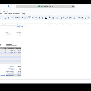 May include: A Google Sheets spreadsheet with a receipt template. The template includes fields for company name, customer information, items sold, payment method, and amount due. The text "Thank You For Your Business!" is displayed at the bottom of the spreadsheet.