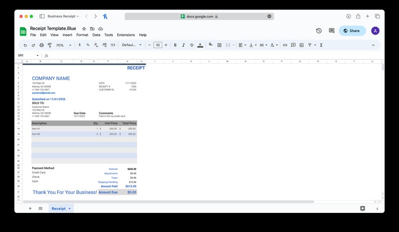 May include: A Google Sheets spreadsheet with a receipt template. The template includes fields for company name, customer information, items sold, payment method, and amount due. The text "Thank You For Your Business!" is displayed at the bottom of the spreadsheet.