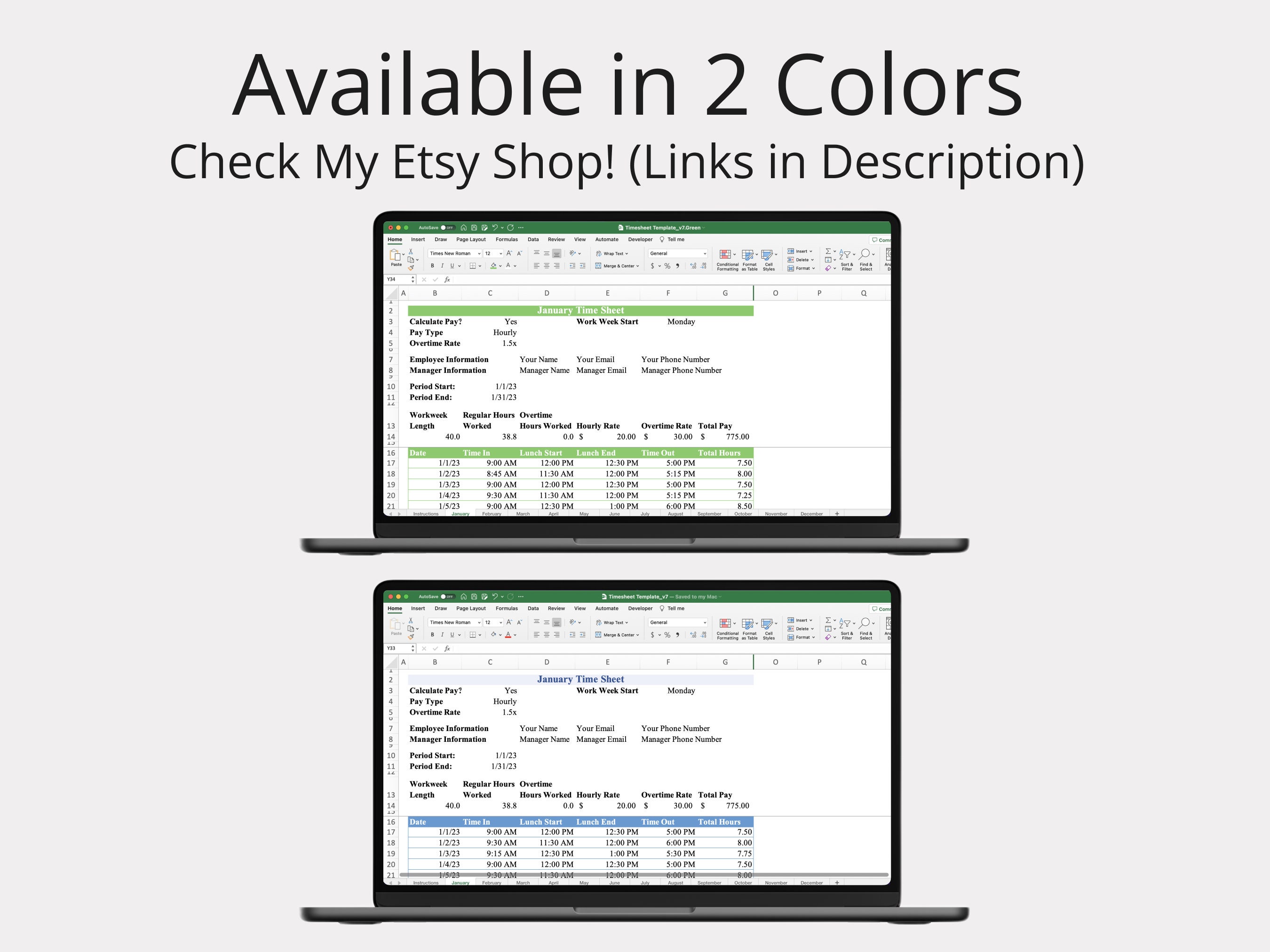 Monthly Timesheet Template for Microsoft Excel & Google Sheets green 12 ...