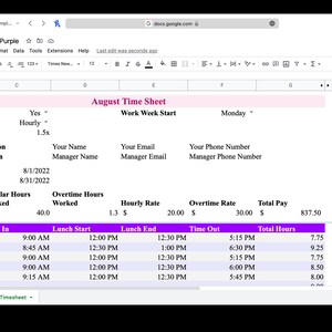 Monthly Timesheet Template for Microsoft Excel & Google Sheets (pink ...