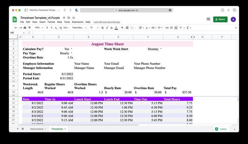 Monthly Timesheet Template for Microsoft Excel & Google Sheets (pink ...