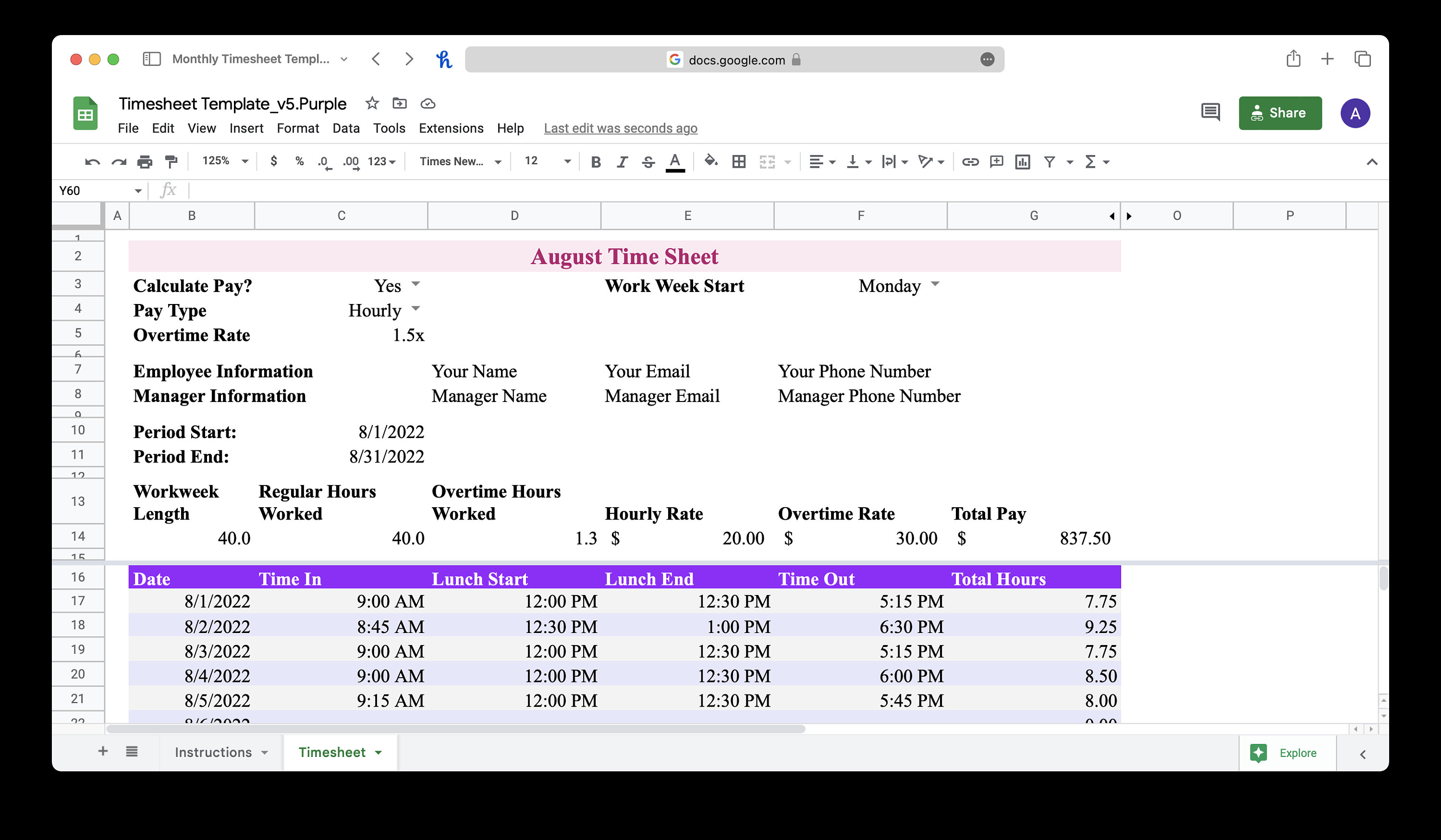Monthly Timesheet Template for Microsoft Excel & Google Sheets (pink ...