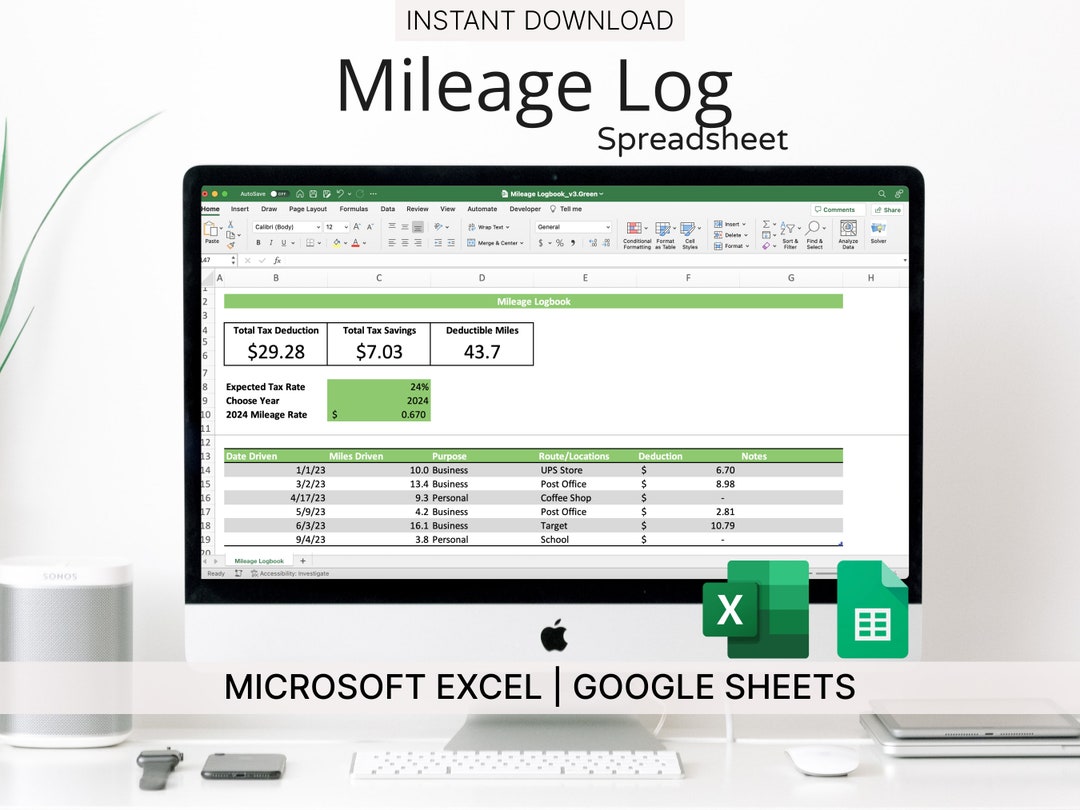 Mileage Log Template (green) for Microsoft Excel & Google Sheets ...