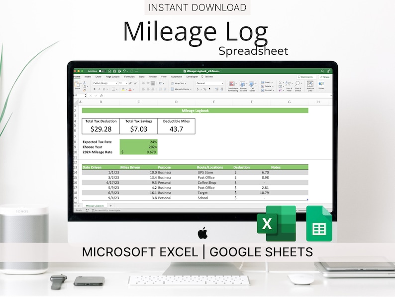 Mileage Log Template (green) for Microsoft Excel & Google Sheets ...