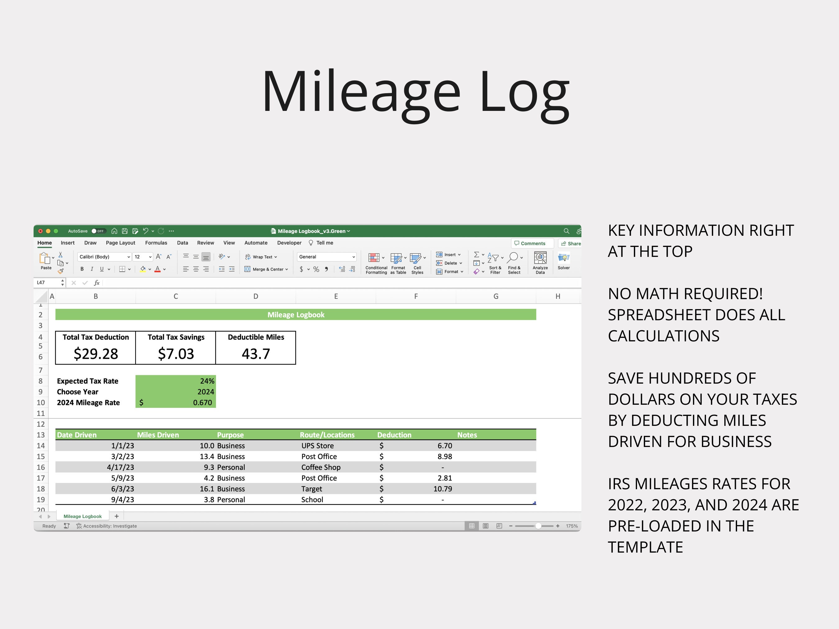 Mileage Log Template (green) for Microsoft Excel & Google Sheets ...