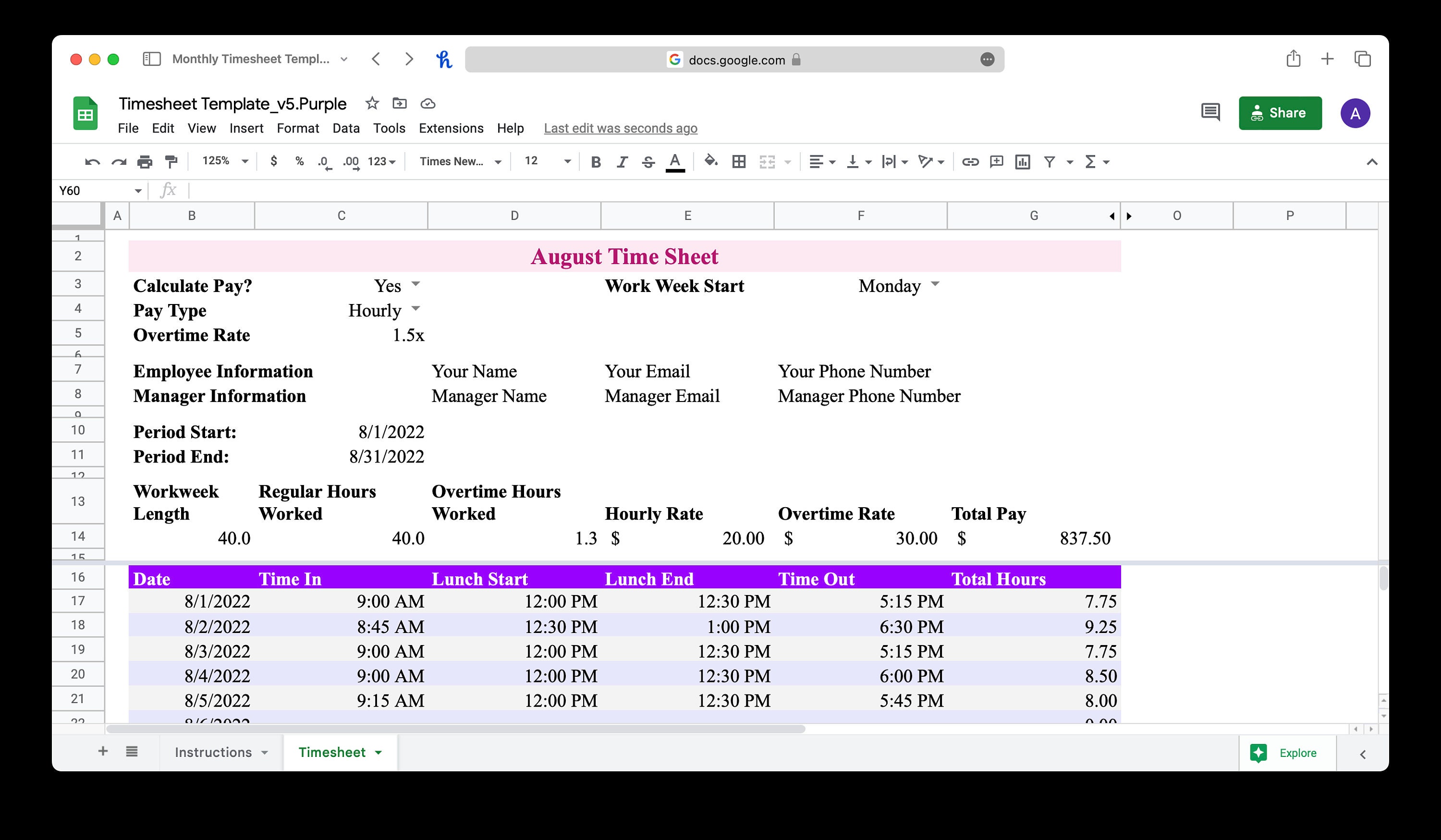 Monthly Timesheet Template for Microsoft Excel & Google Sheets (pink ...