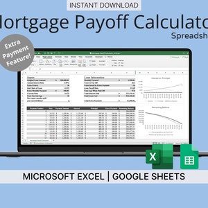 Peut inclure: Un écran d'ordinateur portable affichant une feuille de calcul avec un calculateur de remboursement d'hypothèque. La feuille de calcul comprend des entrées pour le montant du prêt, le taux d'intérêt et la durée. La feuille de calcul comprend également un graphique montrant les paiements d'intérêts et de principal au fil du temps. La feuille de calcul est intitulée "Mortgage Payoff Calculator" et est étiquetée comme une feuille de calcul Microsoft Excel et Google Sheets.